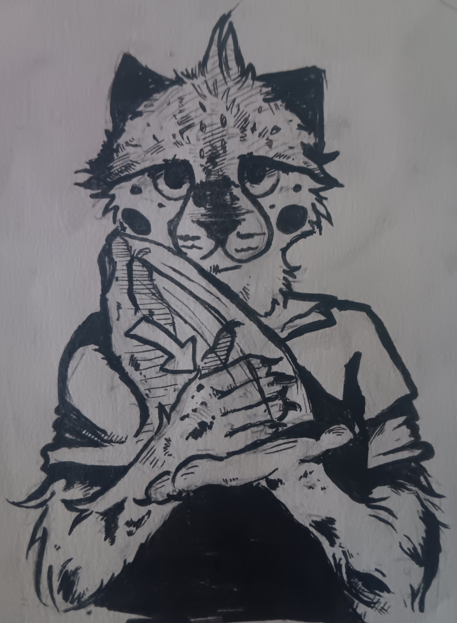 a black ink drawing of seònaid signing the ASL word for 'STOP.' ve is staring blankly at the viewer with a vacant, no-nonsense expression.